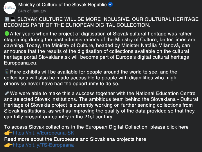Slovak Ministry of Culture Facebook Post